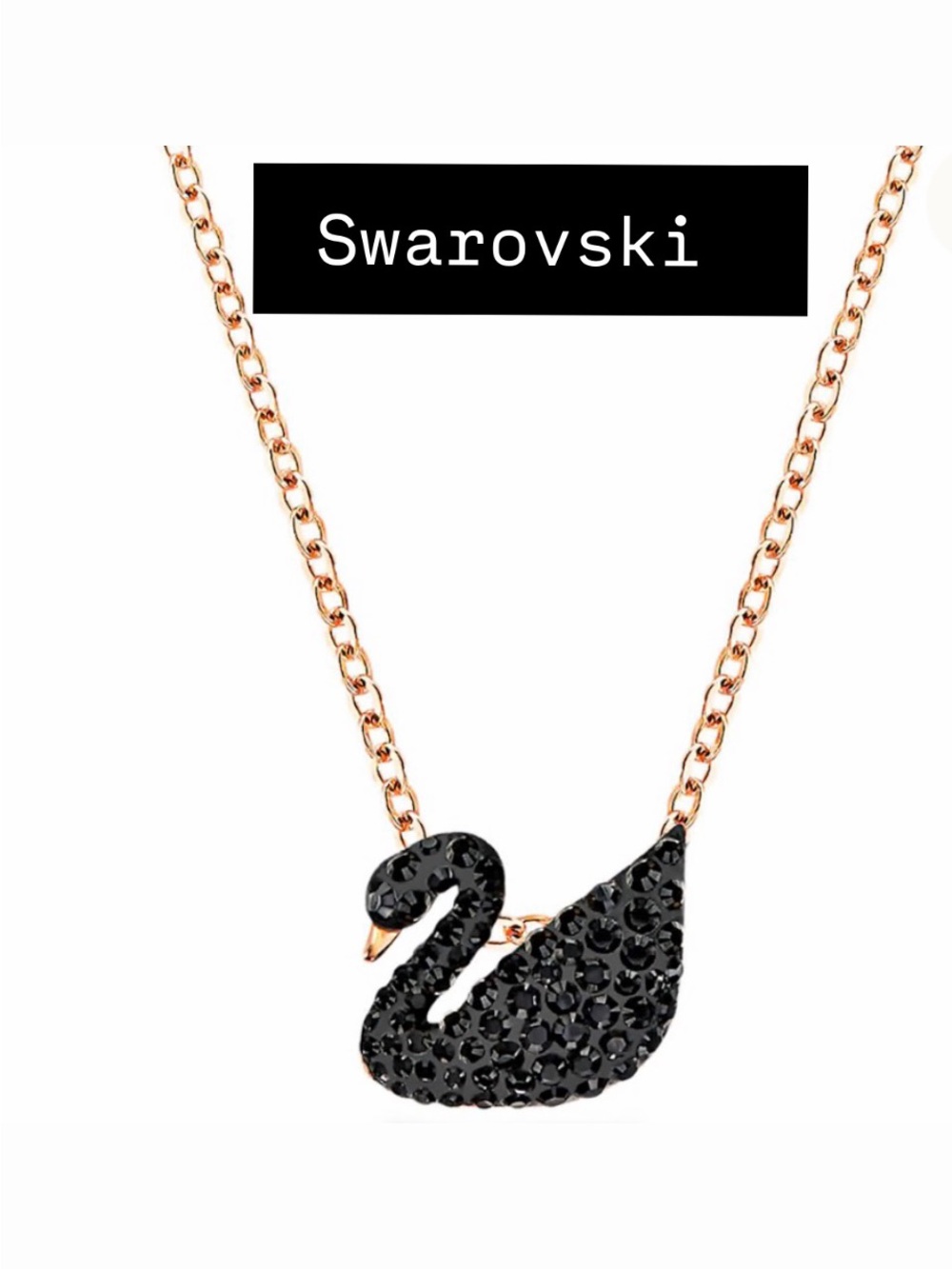 Swarovski Black Crystal Swan Necklace with Rose Gold Chain NWT